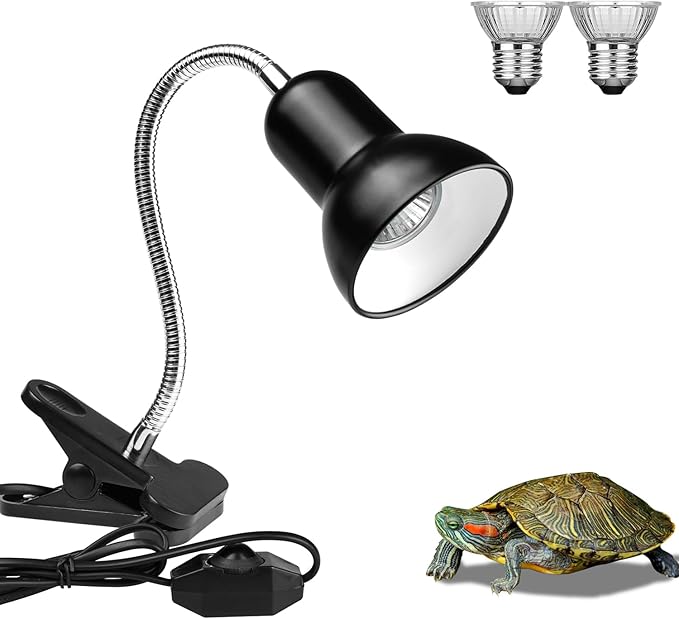 Dallfoll Reptile Heat Lamps, Turtle Lamp UVA/UVB Turtle Aquarium Tank Heating Lamps with Clamp, 360°Rotatable Basking Lamp for Reptiles Lizard Turtle Snake with 2 Heat Bulbs (Heat Lamp 25w/50w Bulb) Dallfoll