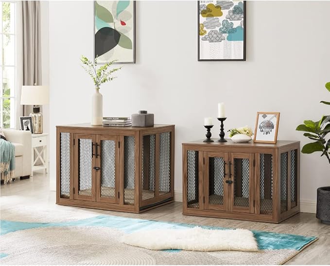 unipaws Furniture Dog Crate with Tray for Medium Dogs, Indoor Aesthetic Puppy Kennel Pet House Dog Cage with Door, Modern Decorative Wood Pretty Cute Fancy End Side Table Nightstand, Walmut - PAWPICO