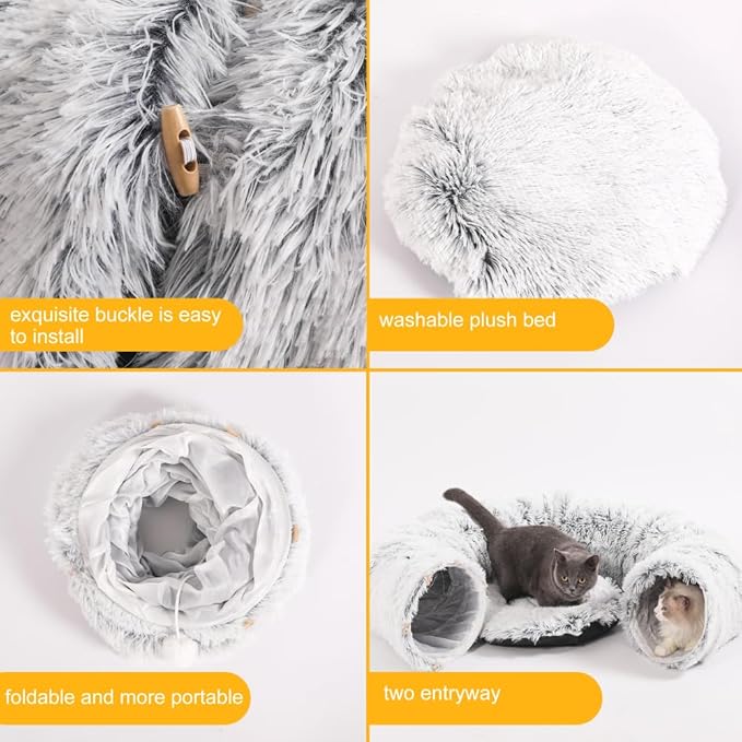 Cat Tunnel Bed for Indoor Cats Donut Cat Tunnel Multifunctional Cat Bed with Peephole Cat Cave Tunnel Bed with Tunnel for Multi Cats(Grey) - PAWPICO