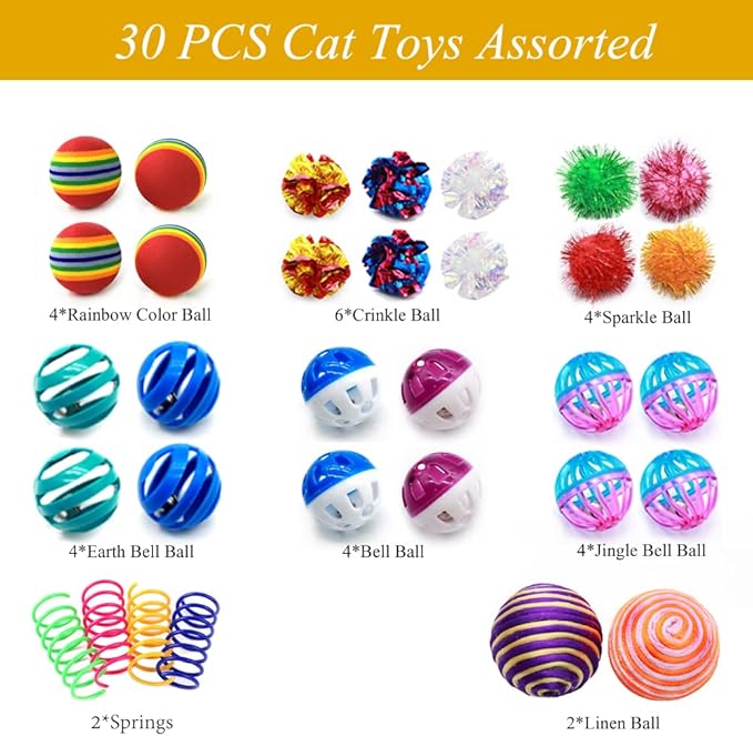 LASOCUHOO Cat Toys, Kitten Cat Ball Toys Assortments, Including Rainbow Ball, Crinkle Ball, Sparkle Ball, Bell Balls, Sisal Ball for All Cats 30 Packs - PAWPICO