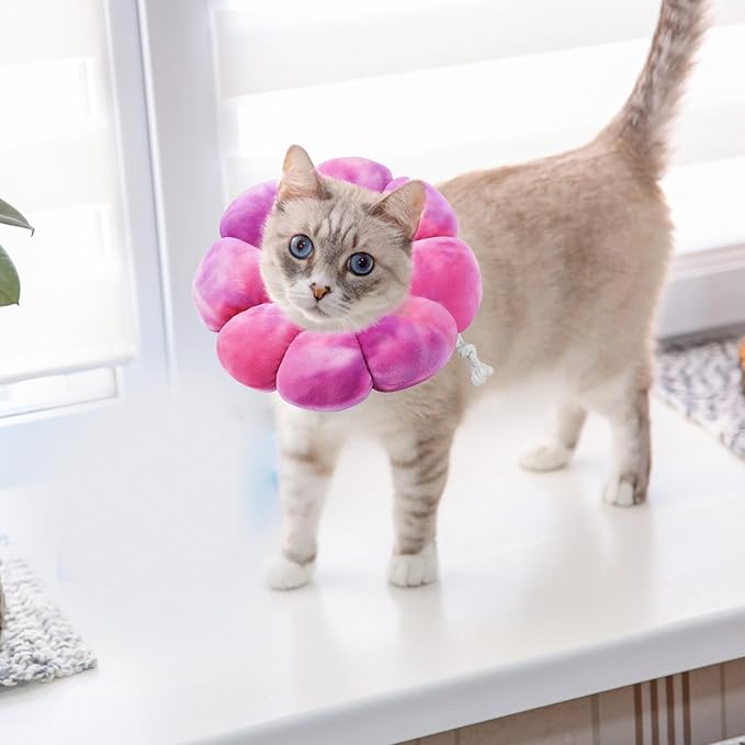 Flower Cat Cone, Uadonile Adjustable Cat Cone Collar, Soft Dog Elizabethan Collar Recovery E Collar After Surgery, Recovery E-Collar for Kittens/Puppies and Cats Recovery(Tie-dye Rose Purple, M) Uadonile