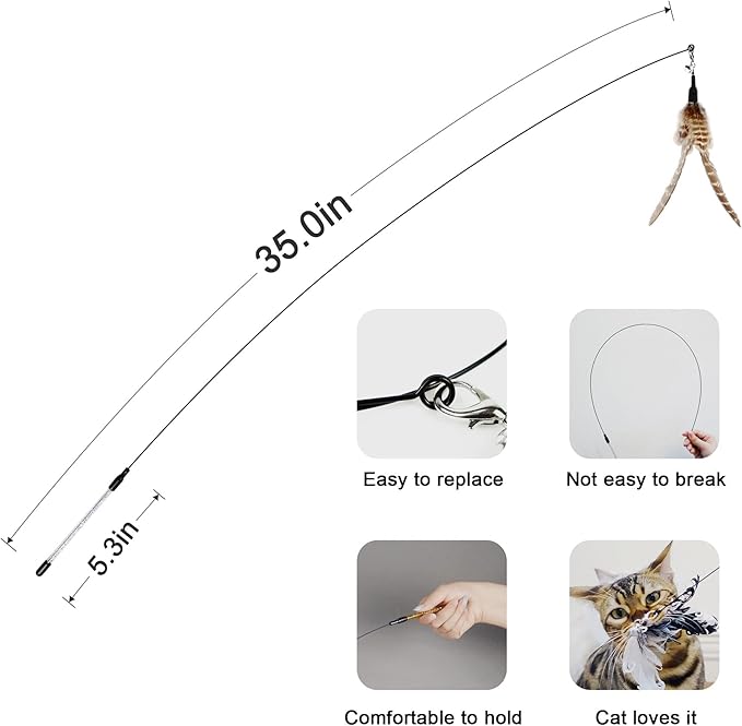 Cat Wand Toys, Interactive Bird Cat Toy Set,35'' Flexible Steel Wire and 4Pcs Cat Feather Refills,Cat Teaser Toy Cat Wand Toys for Indoor Cat and Kitten. - PAWPICO