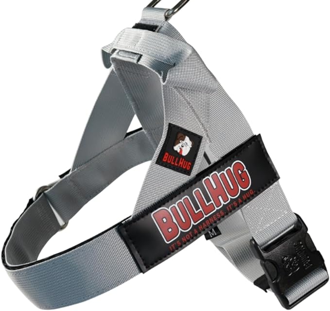 BULLHUG Harness – Made for Larger Chested Dogs Like English Bulldogs, French Bulldogs, Pugs & More. Stops Dogs from Pulling & Choking on Walks (Silver, Large) BULLHUG