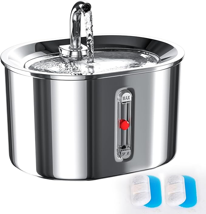 Joric Cat Water Fountain Stainless Steel, 2.5L/85oz Automatic Cat Water Dispenser with Water Level,Water Fountains for Cats Indoor,Super Silent Suitable for Multiple Pets, 2 Pack Filter Replacement - PAWPICO