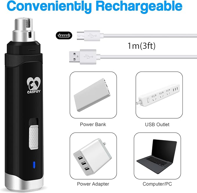 Casfuy Dog Nail Grinder Upgraded - Professional 2-Speed Electric Rechargeable Pet Nail Trimmer Painless Paws Grooming & Smoothing for Small Medium Large Dogs & Cats (Black) - PAWPICO