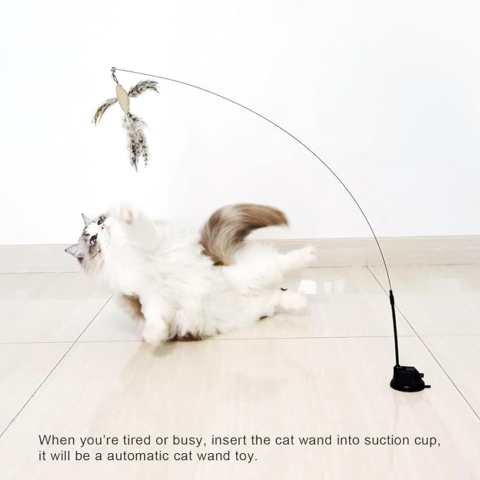 Cat Feather Toys with 1 Suction Cup,2 Cat Wands,8Pcs Birds and Insects Simulation Feather Refills with Bells, Interactive Toys for Indoor Cats and Kitten. - PAWPICO