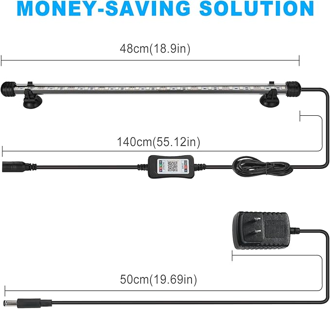 GreenSun Fish Tank Aquarium Light: Submersible Led Lamp - 19 Inch Waterproof Strip Spotlight with APP Control GreenSun