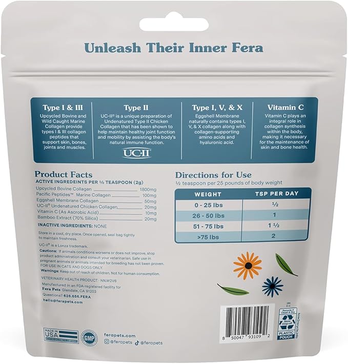 Fera Pet Organics Collagen Plus Cat & Dog Food Topper – Vet Created Support for Pet Joints, Skin, Bone & Immune System with Collagen + Vitamin C – Powder Supplement - 4.23oz FeraPets