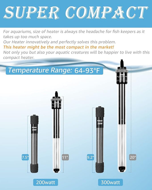 300W Adjustable Aquarium Heater Super Short Submersible Fish Tank Heater Fish Heater with LED Digital Display Thermostat, for Tanks 40-60 Gallons FUMAK