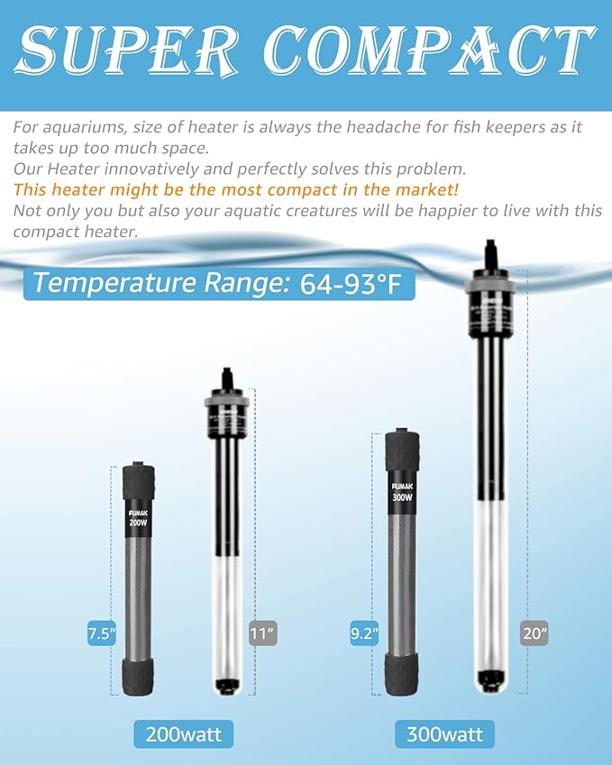 300W Adjustable Aquarium Heater Super Short Submersible Fish Tank Heater Fish Heater with LED Digital Display Thermostat, for Tanks 40-60 Gallons FUMAK