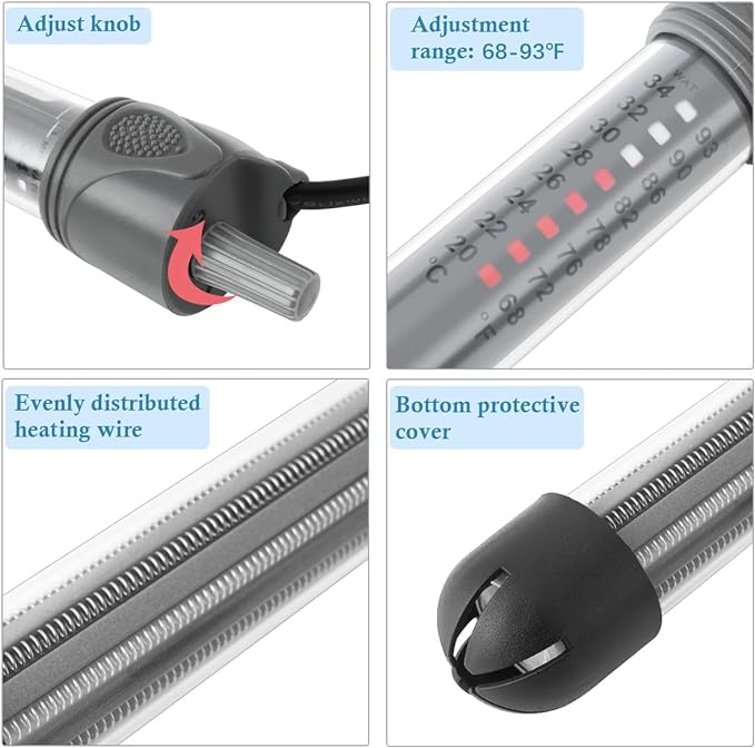 HITOP 50W 100W 300W Adjustable Aquarium Heater, Submersible Fish Tank Heater Thermostat with Suction Cup (300W) HITOP-FocusonAquarium