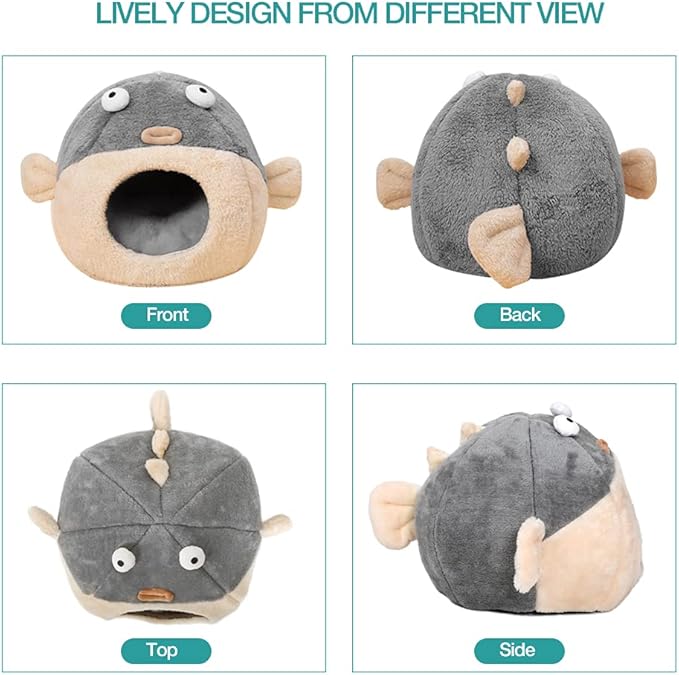 Cat Beds for Indoor Cats - Cat Bed Cave with Removable Washable Cushioned Pillow, Soft Plush Premium Cotton No Deformation Pet Bed, Lively Pufferfish Cat House Design, Grey, Multiple Sizes(M) - PAWPICO