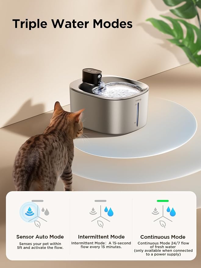 Wireless Cat Water Fountain Stainless Steel with Sensor, 4000mAh Battery Operated, 4L/135fl oz Pet Water Fountain for Cats Dogs, Ultra Quiet Cat Drinking Fountain with 2 Filters (YPD-C004S) - PAWPICO