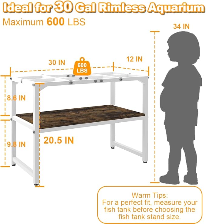 30 Gallon Rimless Fish Tank Stand with Shelf for Storage, 2 Tiers Metal Aquarium Stand, Breeder Tank Turtle Reptile Terrariums Stand Rack for Home Office, 30" L x 12" W x 20.5" H, White Mondazie