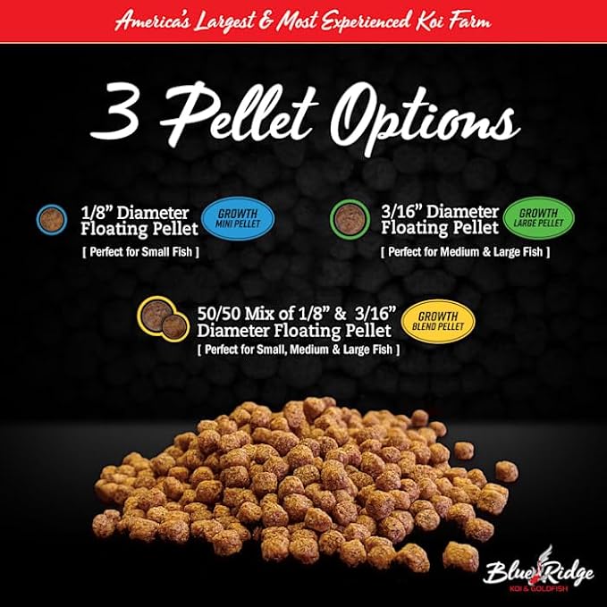 Blue Ridge Koi Fish Food 14lb - Koi Food 3/16” Large and Mini Blend Growth Formula, Goldfish Food, Premium Fish Food for Ponds, Ponds Fish Food, Floating Pond Pellets BlueRidgeFishHatchery
