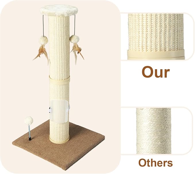 PAWSFANS Cat Scratching Post,34" Tall Large Sisal Woven Scratch Posts for Cats,with Hanging Ball Toy and Self-Massage Brush,Vertical Scratcher,5 Inches Diameter,Beige - PAWPICO