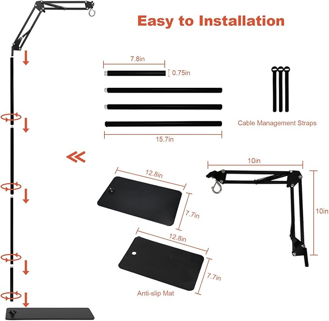 Reptile Lamp Stand, Adjustable 15.7 to 74.3 in Heat Lamp Metal Bracket Floor Light Holder for Lizards Bearded Dragons Chicks Terrarium Tank BOURDSERK