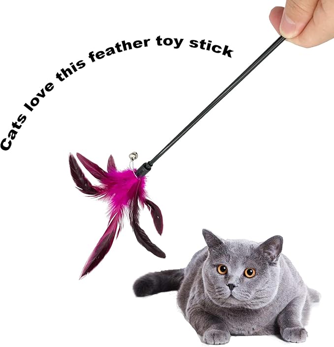 Cat Wand Toy Feather Stick Cat Toys, 7 PCS Cat Feathers Toy Wand, Interactive Cat Toy Feather Wand for Indoor Cats - PAWPICO