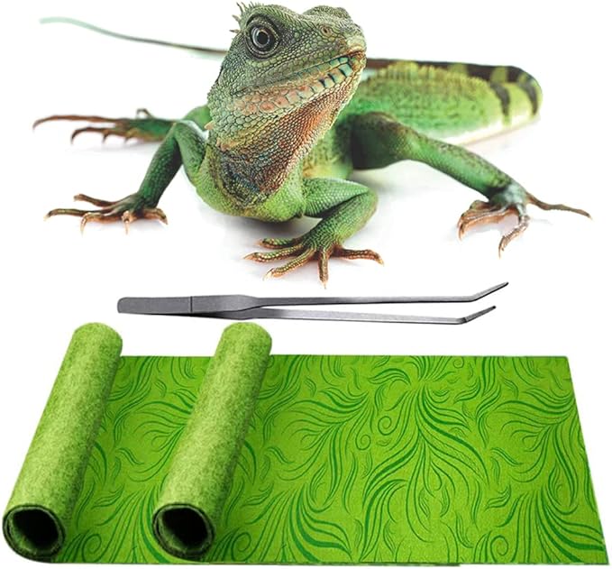 2 Pack Rainforest Tropical Reptile Carpet Mat Substrate, Terrarium Liner Bedding, for Lizard,Chameleon,Gecko,Snake,Ceratophrys with Tweezers Feeding Tong (10 Gallon(21.5x11.5in)) REP+BUDDY