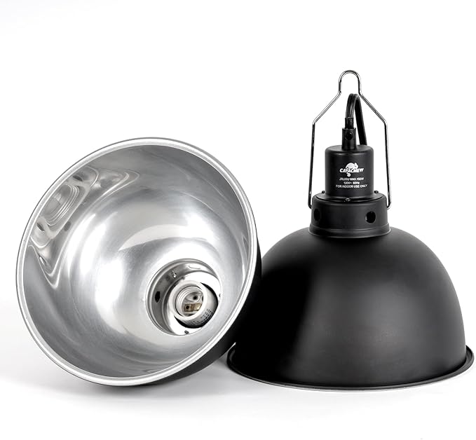 2 Pack Reptile Light Fixture, 8.5in Deep Dome Reptile Lamp Fixture, Optical Reflection Cover, Separate Switche & Hook, Terrarium Light Fixture for Reptile Heat Basking UVB Bulbs, 150W, Black CAVACHEWReptileSupplies