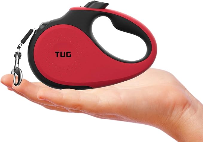 TUG Tiny 360° Tangle-Free Retractable Dog Leash with Anti-Slip Handle | 10 ft Nylon Tape | One-Handed Brake, Pause, Lock (Red) TUG