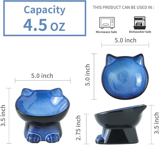 Nihow Slanted Elevated Cat Bowls: 5 Inch Ceramic Raised Cat Food Bowl for Protecting Pet's Spine - Microwave & Dishwasher Safe -Elegant Blue & Black (4.5 OZ /1 PC) - PAWPICO