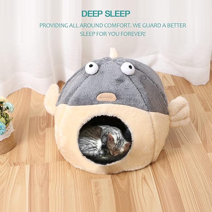 Cat Beds for Indoor Cats - Cat Bed Cave with Removable Washable Cushioned Pillow, Soft Plush Premium Cotton No Deformation Pet Bed, Lively Pufferfish Cat House Design, Grey, Multiple Sizes(M) - PAWPICO
