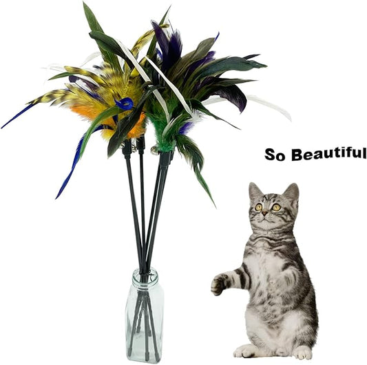 Cat Wand Toy Feather Stick Cat Toys, 6 PCS Cat Toy Feather Wand for Indoor Cats Play Exercise - PAWPICO