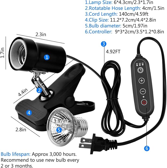 DOMICA Dimmable Reptile Heat Lamp with Timer + 50W UVA UVB Light Bulb, Basking Spot Light Simulated Sunlight, Heating Lamp for Turtle, Lizard, Snake, Beared Dragon, Amphibians DOMICA