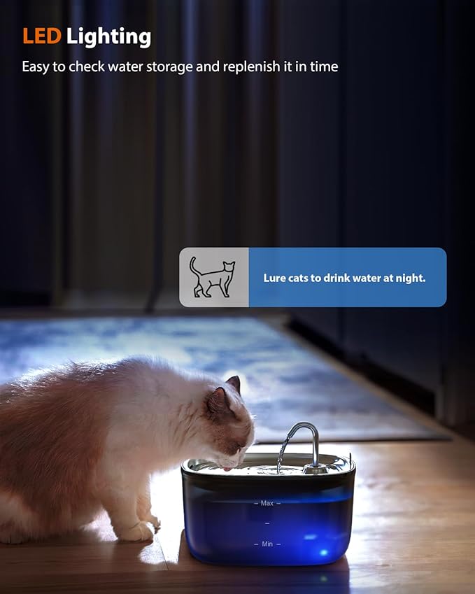 Stouchi Cat Water Fountain 85oz/2.5L, Stainless Steel Faucet Pet Water Fountain for Cats Inside with Led Light, Automatic Cat Water Dispenser Bowl, Cat Waterer Fountain for Multiple Pets, Black - PAWPICO