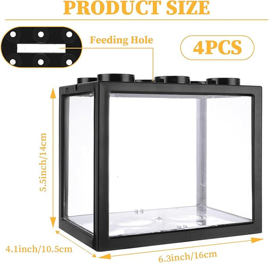 QTLCOHD 4Pcs Small Betta Fish Tank, 0.6 Gallon Mini Fish Tank Aquarium Tank Kit, Stackable Beta Fish Tank, Black Fish Bowl for Turtle Reptile Shrimp Crab Insects Decoration QTLCOHD