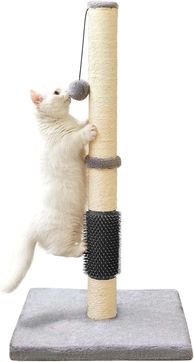 MeowHomm 32" Cat Scratching Post with Self Groomer Cat Brush, Sisal Rope Tall Cat Scratching Post with Soft Hanging Ball for Indoor Cats, Cat Claw Scratcher Covered with Soft Smooth Plush - PAWPICO