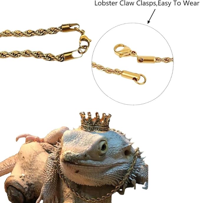 2Pcs Lizard Crown Necklace Set Metal Lizard Outfit Reptile Clothes Accessories Lizard Photo Props for Bearded Dragons Iguana Amphibians and Other Small Animals (Gold) KUNBIUH