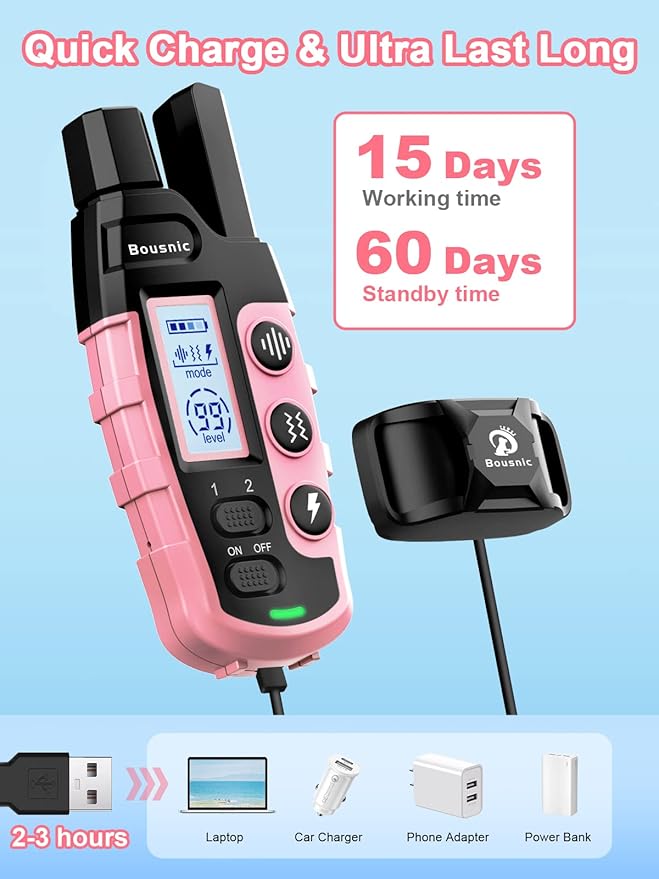 BOUSNIC Dog Shock Collar 2 Dogs (5-120Lbs) - 3300 ft Waterproof Training Collar for Dogs Large Medium Small with Rechargeable Remote, Beep (1-8) Vibration (1-16) and Humane Shock (1-99) Modes - PAWPICO