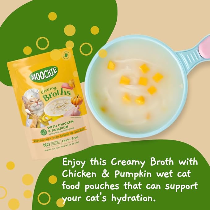MOOCHIE Grain Free Creamy Broth for Cats - Made with Real Chicken & Pumpkin - No Artificial Flavors or Preservatives - 16 x 1.4 oz Pouch - PAWPICO