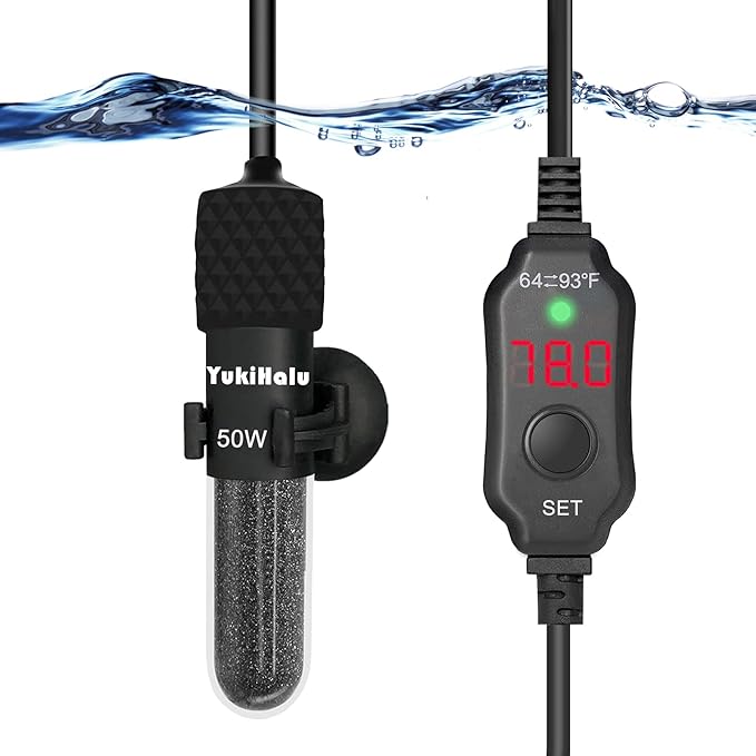YukiHalu Small Submersible Aquarium Heater, Adjustable Mini Fish Tank Heater 25W 50W 100W 200W 300W with External Temperature Controller, LED Display, Used for 5/10/20/40/60 Gallons (50 Watts) YukiHalu