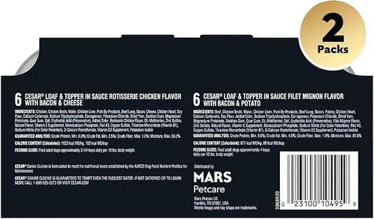 CESAR Soft Wet Dog Food Loaf in Sauce Rotisserie Chicken Flavor with Bacon & Cheese and Filet Mignon Flavor with Bacon & Potato Variety Pack, (12) 3.5 oz. Easy Peel Trays, Pack of 2 - PAWPICO