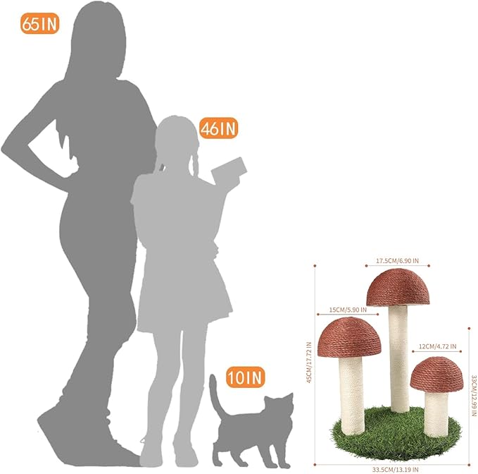 PowerKing Cat Scratching Post, Mushroom Claw Scratching Post for Cat, Natural Sisal Cat Scratchers with 3 Mushroom Pole, Cat Interactive Toys - PAWPICO
