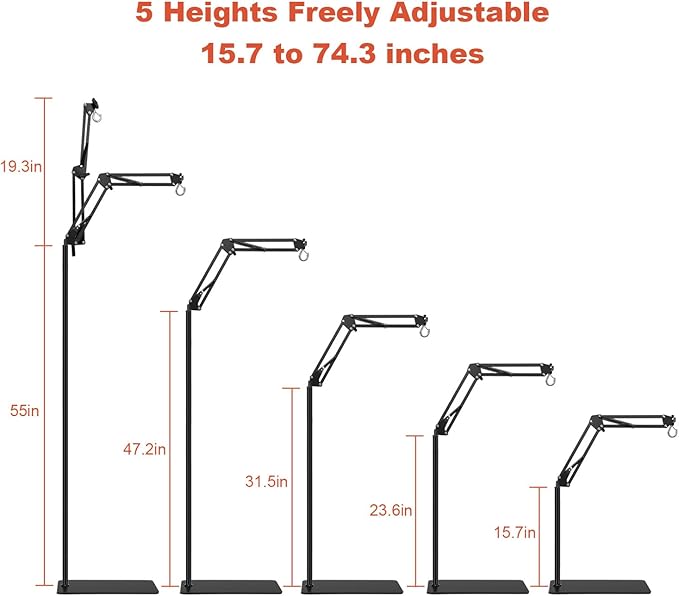 Reptile Lamp Stand, Adjustable 15.7 to 74.3 in Heat Lamp Metal Bracket Floor Light Holder for Lizards Bearded Dragons Chicks Terrarium Tank BOURDSERK