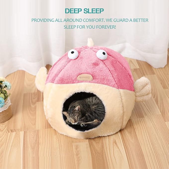Cat Beds for Indoor Cats - Cat Bed Cave with Removable Washable Cushioned Pillow, Soft Plush Premium Cotton No Deformation Pet Bed, Lively Pufferfish Cat House Design, Pink, Multiple Sizes(S) - PAWPICO