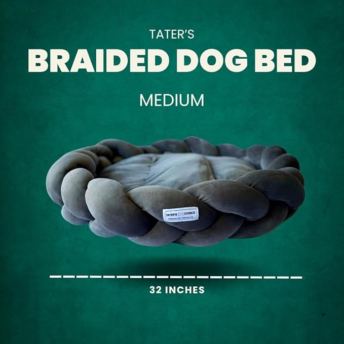 Tater's Choice 32" Dog Bed - Premium Braided Dog Bed with 3 Pack of Plush Bones - Luxurious and Durable Pet Beds with Plush Polyester Filling, Non-Slip Base, Washable Mattress, Charcoal Grey, Medium - PAWPICO