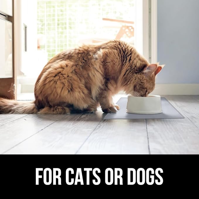 Gorilla Grip 100% Waterproof Raised Edge BPA Free Silicone Pet Feeding Mat, Dog Cat Food Mats Contain Spills Protects Floors, Placemats for Cats, Dogs Water Bowl, Pets Accessories 16x10, Light Gray - PAWPICO