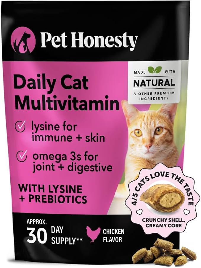 Pet Honesty Cat Multivitamin Chews - Cat Treats for Health + Immune, Cat Joint Support, Skin & Coat, and Digestion | Omega 3s, Lysine for Cats, Cat Probiotic, Cat Vitamins - Chicken (30-Day Supply) PetHonesty