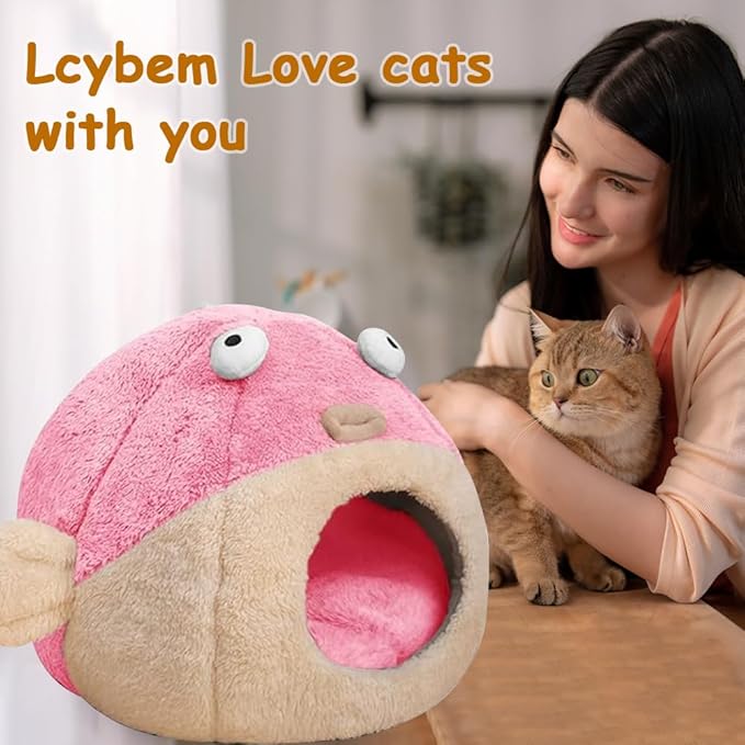 Cat Beds for Indoor Cats - Cat Bed Cave with Removable Washable Cushioned Pillow, Soft Plush Premium Cotton No Deformation Pet Bed, Lively Pufferfish Cat House Design, Pink, Multiple Sizes(M) - PAWPICO