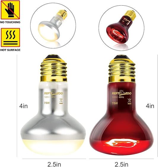 REPTIZOO 75W Reptile Heat Lamp Bulb, 2PCS Day & Night Basking Spot Light Combo Pack Includes Infrared Heat Lamp and UVA Daylight Heating Lamp Basking Light REPTIZOO