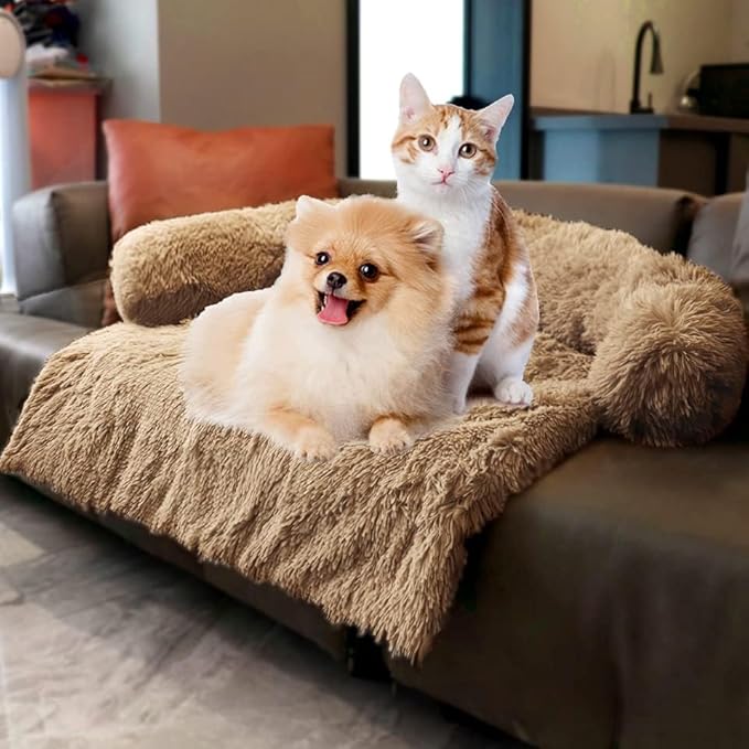 Dogs/Cats Bed Mats, Couch Cover for Dogs, Sofa Style Luxurious Mat for Pets, Waterproof Lining and Nonskid Bottom Perfect on Dog Crate, Cat Cage or in The Car. (Desert Brown, L) - PAWPICO