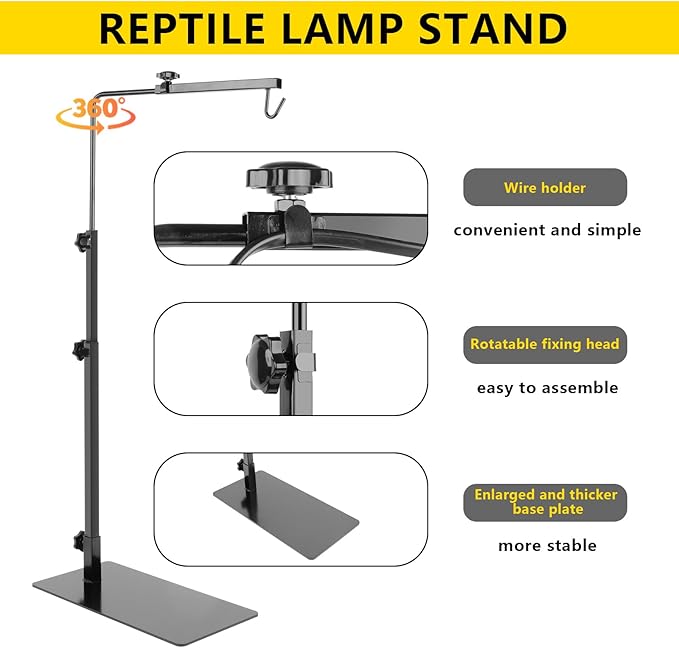 Reptile Lamp Stand, Adjustable 14-37 Inch Heat Lamp Stand, Reptile Light Stand Holder Lamp Hanging Bracket Metal Support for Glass Terrarium REPTIHOME
