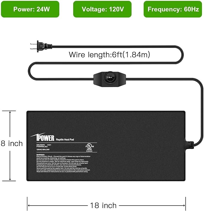 iPower 8 by 18-Inch Reptile Heat Mat with Temperature Adjustable Controller Knob, LCD Digital Aquarium Thermometer, Under Tank Warmer Terrarium Heat Pad for Reptiles and Amphibians iPower