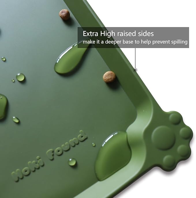 Hoki Found Silicone Pet Food Mats Tray -High-Lips Pet Dog Cat Bowl Mats Placemat - Dog Pet Cat Feeding Mat - Waterproof Dog Cat Food Mats -Pet Water Mats for Carpet - Dark Olive - PAWPICO