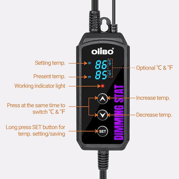 Oiibo Digital Heat Mat Thermostat, PID Reptile Heat Lamp Dimming Thermostat Heating Pad Temperature Controller for for Aquarium Reptiles and Seedling, Breeding, Hatching OIIBO